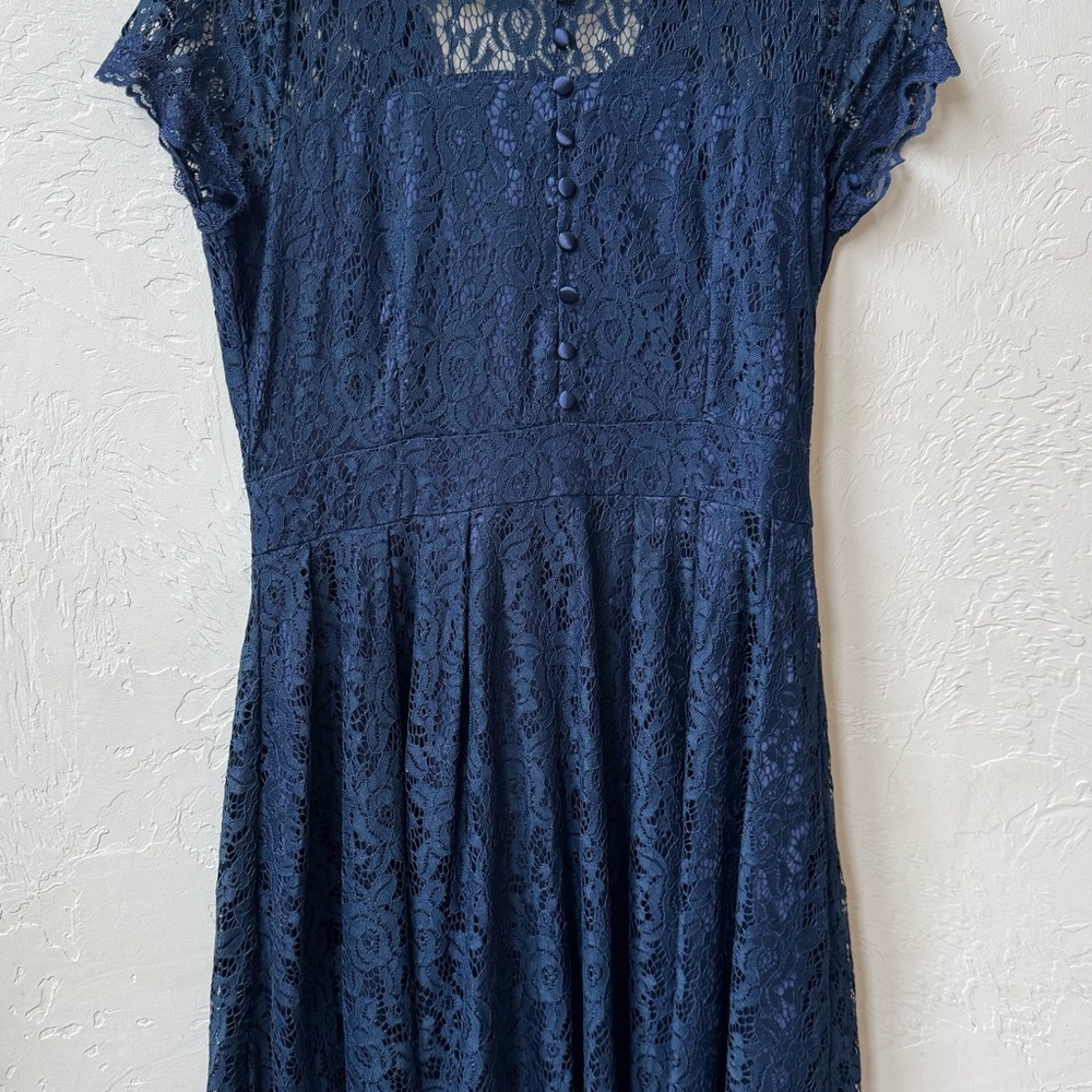 Chic Navy Blue Fit & Flare Lace Midi Dress Romantic and Feminine